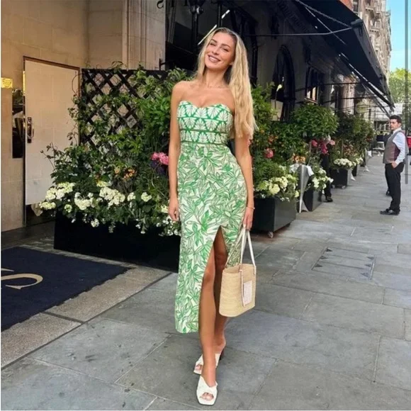 Floral Print Dress Zara Green Dress Midi Zara Printed Strapless Midi Dress  Green Ecru Cream Leaf